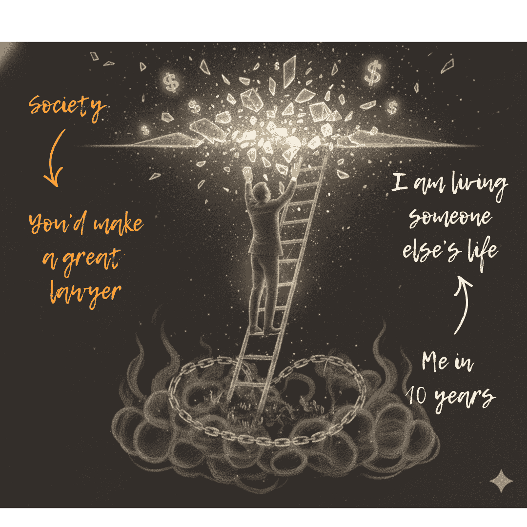 Visual metaphor for energy karmic healing helping someone stuck in career choices by breaking chains to escape societal judgment and find true fulfillmen