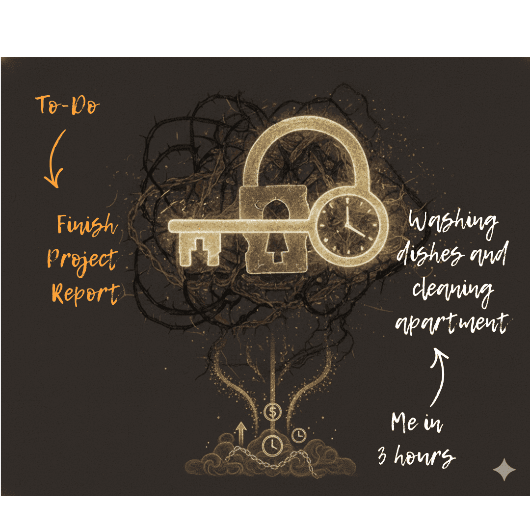 Graphic showing a golden key unlocking mental blocks to unlock productivity, illustrating the procrastination cycle of avoiding important tasks like finishing a report.