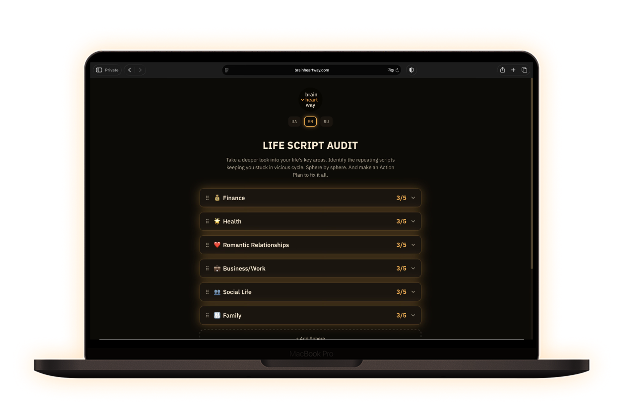 A MacBook Pro displays tool to work with repeating life scripts, balance ratings for Finance, Health, Romantic Relationships, Business/Work, Social Life, and Family—with each area rated 3.5 out of 5—highlighting energy and karmic healing online.