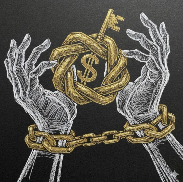 golden handcuffs - hands bound by golden chains with dollar sign symbolizing career trap and high salary burnout