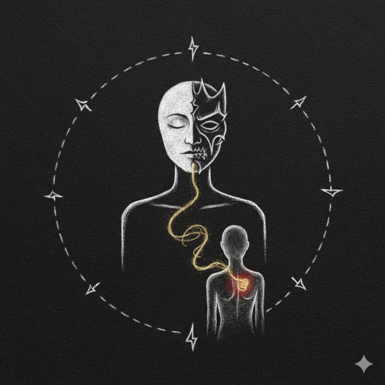 i keep attracting toxic partners - figure with dual faces showing inner child wound connected to adult relationship patterns