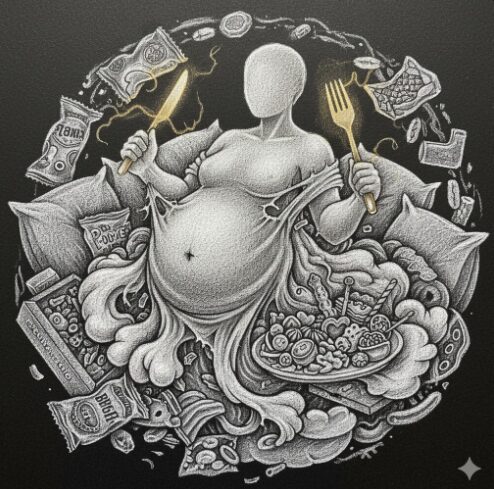 i keep gaining weight back - figure meditating above swirling food and body weight symbolizing yo-yo dieting and emotional eating loops